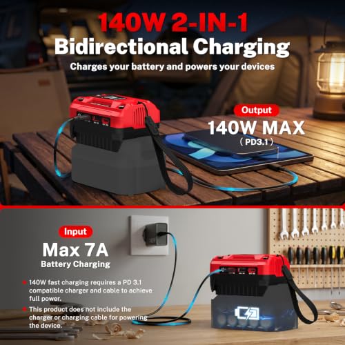 140W USB Battery Charger Adapter Compatible with Craftsman 20V Battery | PD 3.1 Fast Charging with Dual USB-C, 18W USB-A, Portable Phone Charger with 700LM LED Work Light and LED Screen Display - color: Deep Red