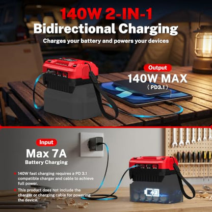 140W USB Battery Charger Adapter Compatible with Craftsman 20V Battery | PD 3.1 Fast Charging with Dual USB-C, 18W USB-A, Portable Phone Charger with 700LM LED Work Light and LED Screen Display - color: Deep Red