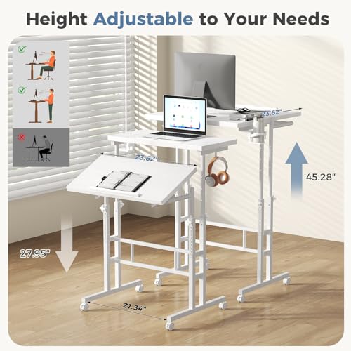 DUMOS Rolling Standing Desk, Sit Stand Desk, Computer Cart | Manual Height Adjustable, Split Top Mobile, Laptop Workstation, Portable Home Office, Walking Pad Study Surface, White - color: White