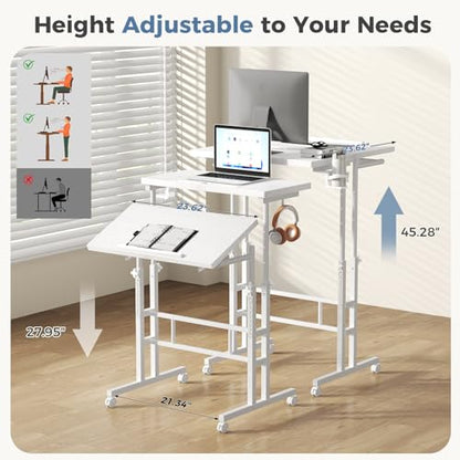 DUMOS Rolling Standing Desk, Sit Stand Desk, Computer Cart | Manual Height Adjustable, Split Top Mobile, Laptop Workstation, Portable Home Office, Walking Pad Study Surface, White - color: White