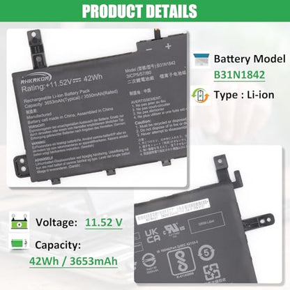 B31N1842 Laptop Battery Replacement for ASUS VivoBook S15 X513EA X513EP X513EQ X531F X531FA K531F S531F S531FA S531FL V531F V531FA V531FL S5500F S5500FL V5050E V5050EA Series 11.52V 42Wh - size: 9.64*5.53*0.19inch B31N1842