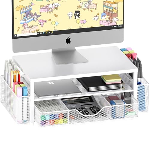 OPNICE Desk Organizer and Accessories, 2-Tier Computer Monitor Stand Riser with Drawer and 2 Pen Holders, Laptop Stand, Office Desk Accessories for Office Supplies, 1 Pack, White - color: White 1-Pack, size: Single