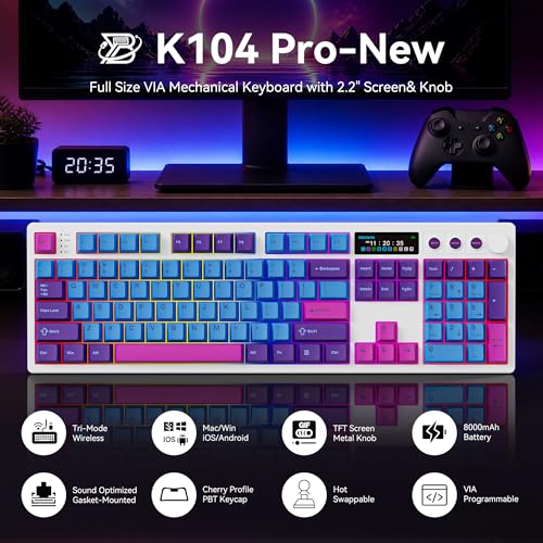 BOYI K104Pro Creamy Mechanical Gaming Keyboard,2.2" Smart Screen&Media Knob,QMK/VIA Programmable Tri-Mode BT/2.4GHz/USB-C 100% Full Size Gasket Mounted Hot Swap RGB Keyboard for PC Mac(White Joker) - color: White Joker