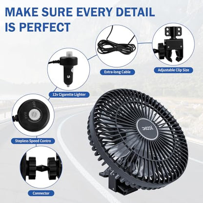 XOOL Clip Car Fan, 9 Inches 12V/24V Fan, 360° Rotatable Electric Cooling Clip on Fan with Stepless Speed Regulation for SUV, RV, Truck - size: Cigarette Single Fan 9''- Clip(Large）