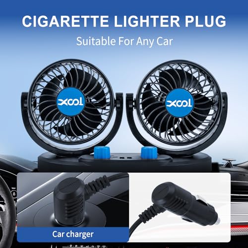 XOOL Car Fan – Car Cooling Fan with 2 USB Charging Ports, Quiet Strong Airflow, Cigarette Lighter Plug, Fan for Car, Vehicles, RVs, and SUVs - size: Cigarette Dual Fan - Front (Dual USB Ports)
