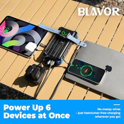 BLAVOR Solar Power Bank 20000mAh Built-in Cables, Wireless Charger for Phones & Apple Watch, 20W Fast Charging Battery Pack with USB C, Flashlight, Solar Charger for iPhone, iPad, iWatch, Samsung - color: Blue