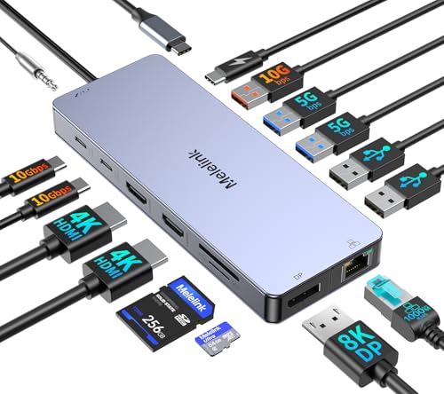 USB C Laptop Docking Station Dual Monitor for Dell/Lenovo/HP, 15 in 1 USB C Hub Multiport Adapter Dongle Dock USB-C to 2 HDMI 4K@60Hz, 8K DisplayPort, 2 USB-C 10Gbps, 5 USB-A, 100W PD, Ethernet, SD/TF - color: Gray 15 Port USB C Docking Station