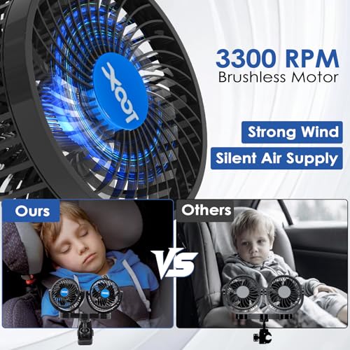 XOOL Clip Car Fan, Adjustable Dual Head 4 Inches 12V Fan for Front/Rear Seat Passenger, 360° Rotatable Electric Car Cooling Fans with Stepless Speed Regulation for SUV, RV, Vehicles - size: Cigarette Dual Fan - Clip