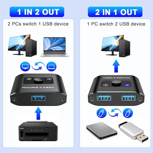 USB 3.0 Switch, Bi-Directional USB Switch 1 in 2 Out/ 2 in 1 Out, Aluminum USB Switcher 2 Computers Share USB Devices for Printer, Keyboard, Scanner, Mouse - Compatible with Mac/Win/Linux