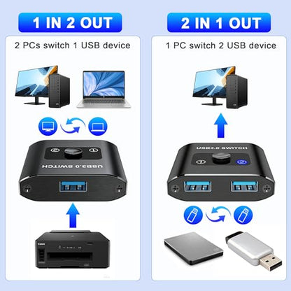USB 3.0 Switch, Bi-Directional USB Switch 1 in 2 Out/ 2 in 1 Out, Aluminum USB Switcher 2 Computers Share USB Devices for Printer, Keyboard, Scanner, Mouse - Compatible with Mac/Win/Linux