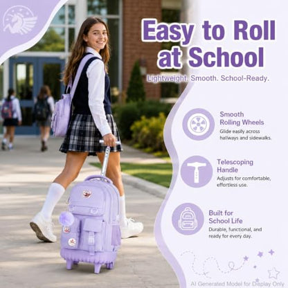 WZLVO Rolling Backpack for Girls, 21 inch Water Resistant Roller School Bag with Wheels, Wheeled Backpacks Set for Teen Women Elementary Travel - Purple - color: Purple