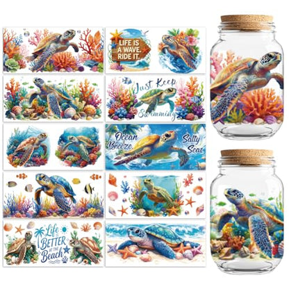 Peacoblue UV DTF Cup Wraps Transfer Stickers Sea Turtles and Coral Pattern, 10 Sheets Waterproof Custom Vinyl Transfer Sticker 16oz Coffee Glass Cup Tumbler Bottle Mug Decals for Men Women - style: Sea Turtles and Coral