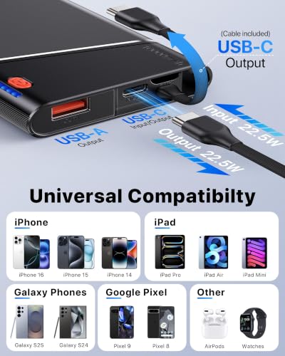 Aaoyun 10000mAh Portable Power Bank, 22.5W PD Fast Charging Battery Pack with Built-in USB-C Cable, Ultra-Slim External Phone Charger for iPhone 17/16/15, Samsung Galaxy S24, Android (Grey) - color: Grey-10000mah