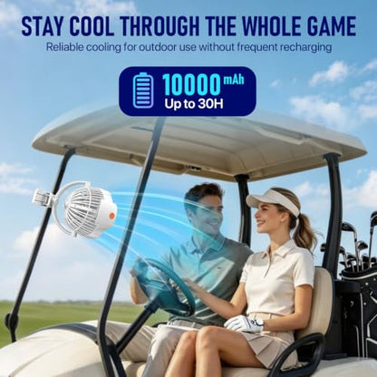 8-Inch Rechargeable Clip on Fan, 10000mAh Portable Camping Fan with LED Light, 9-Speed Ultra Quiet Airflow, 30H Runtime, 360° Rotating Desk Fan for Golf Cart, Bedroom, Office, Dorm, White - color: White