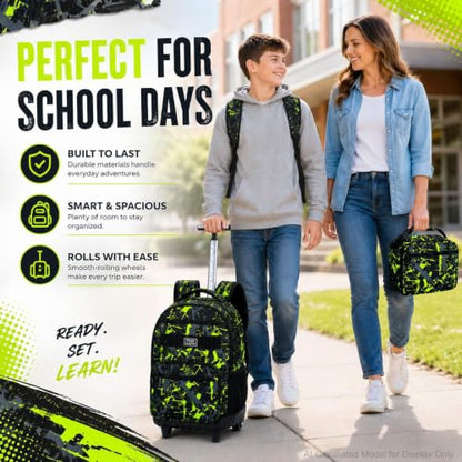 3Pcs Rolling Backpack for Boys, Men Roller Bag with Wheels for Adults, 19 Inche Graffiti Wheeled Bookbag with Lunch Box(Green) - color: Graffiti Green
