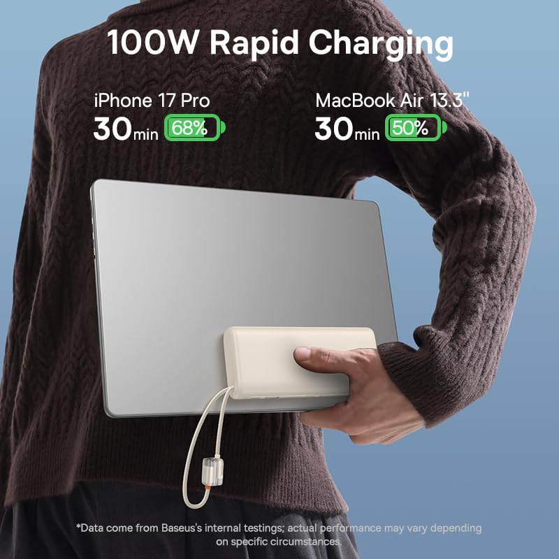 Baseus 100W USB C Charger Block Bundle with Baseus Portable Charger with Built in Cable, 100W Laptop Power Bank 20000mAh