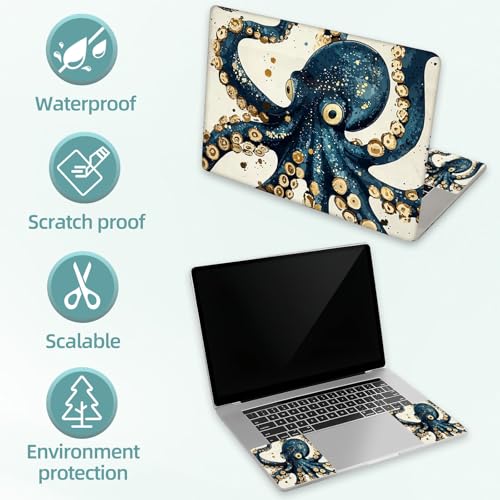 Universal Laptop Skin Decal, 3-Piece Vinyl Protector for 12 13 14 15.6" Notebook, Waterproof Anti-Scratch, Easy Trim & Bubble-Free Finish, Octopus Skin Gold Foil Accents Teal - color: Octopus Skin Gold Foil Accents Teal