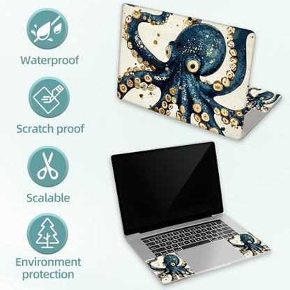 Universal Laptop Skin Decal, 3-Piece Vinyl Protector for 12 13 14 15.6" Notebook, Waterproof Anti-Scratch, Easy Trim & Bubble-Free Finish, Octopus Skin Gold Foil Accents Teal - color: Octopus Skin Gold Foil Accents Teal