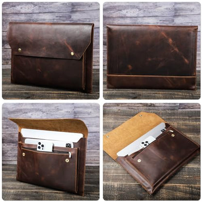 Top Grain Leather 14.2" Laptop Sleeve Bag, Magnet Snap Button Design & 3 Pockets, Compatible with MacBook Pro/Air 14"/13.3"/13.6" 2021 2022 M1 Pro/M1 Max A2442 & Other PC, Coffee 14.2 Inch - color: 【Bag】Magnetic Snap Button & 3 Pockets - Coffee, size: 14.