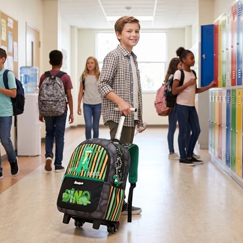 Kids Rolling Backpack for Boys 16.5" School Roller Backpack with Lunch Box, Toddler Backpacks with Wheels Rollig Wheeled Backpacks for Elementary School - color: Green Dinosaur