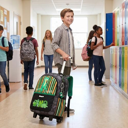Kids Rolling Backpack for Boys 16.5" School Roller Backpack with Lunch Box, Toddler Backpacks with Wheels Rollig Wheeled Backpacks for Elementary School - color: Green Dinosaur