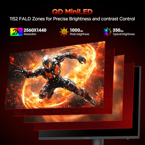 KOORUI 27 inch Mini-LED IPS Gaming Monitor, 200Hz 1ms, QHD 1440P HDR1000 | 97% DCI-P3, Adaptive Sync, PiP/PBP, Swivel/Pivot/Height Adjustable, HDMI and DisplayPort, Premium Gaming, Content Creation - size: 27"/QHD/200Hz