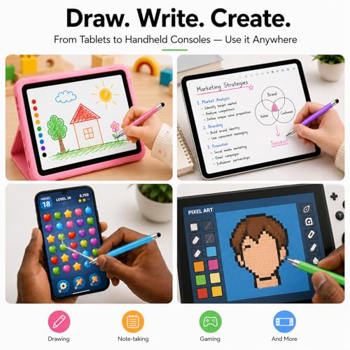 Stylus Pens for Touch Screens, Universal 2 in 1 Stylus Pen for iPad Compatible with iPhone, iPad, Android, Microsoft Tablets, Phones, Surface,[5 Pack]-Blue,Green,Pink,Purple,Yellow - size: 5 Pack