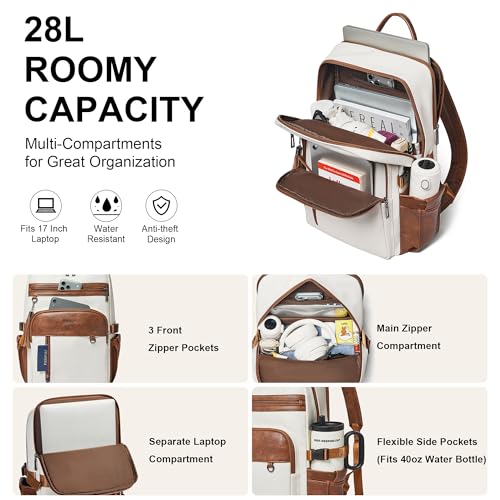 Shrrie Vegan Leather Laptop Backpack for Women,17 Inch Computer Backpack Purse for Work Business College Travel Teacher Nurse with Anti-theft Pocket & Giant Tumbler Holder Pocket,Beige with Brown - color: Beige With Brown