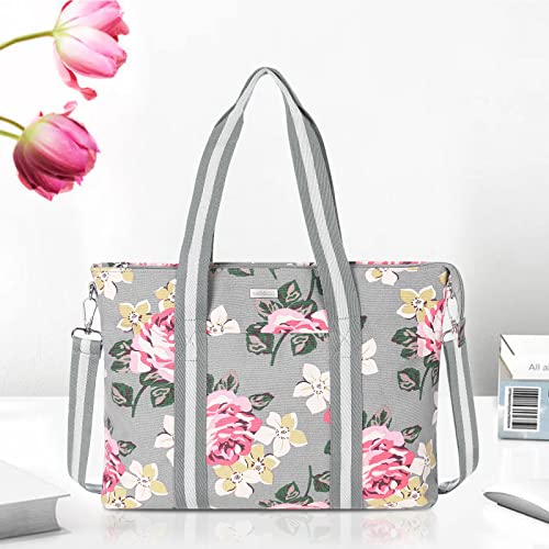 MOSISO Laptop Tote Bag for Women (17-17.3 inch), Canvas Rose Multifunctional Work Travel Shopping Duffel Carrying Shoulder Handbag Compatible with MacBook, Notebook and Chromebook, Grey