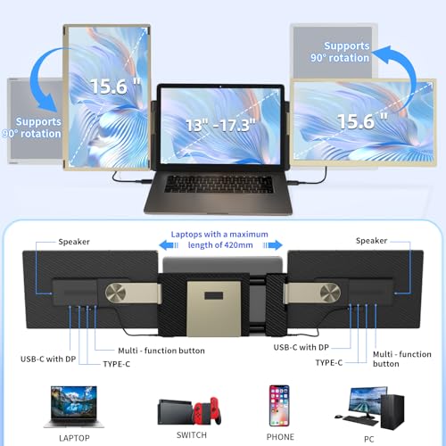 15.6" Laptop Screen Extender, FHD 1080P IPS Triple Monitor Extender, Detachable Portable Monitor for Laptop 13-17.3",Plug-Play Portable Screen Compatible with MacOS/Windows/Phone - color: Golden