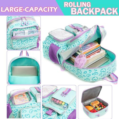 Meetbelify Girls Rolling Backpack with Wheels - Cute Kawaii Carry On Backpack for Elementary Students - Lunch Box Included - Travel Suitcase for Girls 8-10 - color: Love Green