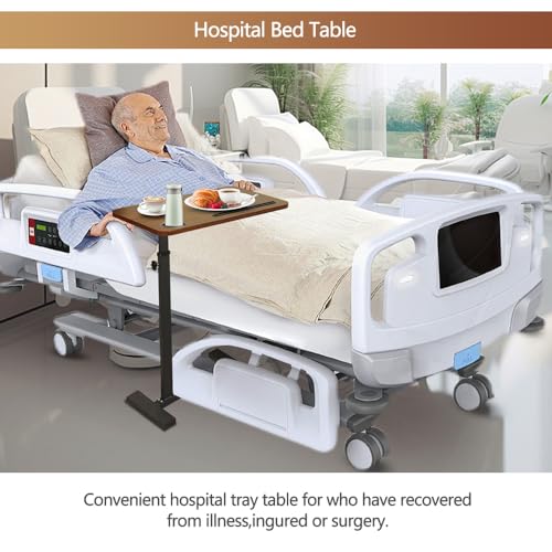 BeGyoku Overbed Table,Over The Bed Table with Hidden Wheels&Cup Holder,Adjustable Bedside Table and Rolling Table Tray&Laptop Cart,Hospital Table Over Bed for Home Use (Walnut) - color: Walnut