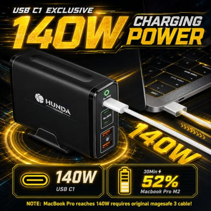 HUNDA 245W USB C Charger GaN Charging Station Desktop 5 Ports PD 140W MacBook Charger Fast Adapter Support PD3.1/PPS 45W /QC5 for MacBook Pro/Air,Dell,HP,Lenovo,Surface,iPhone,iPad,Galaxy etc