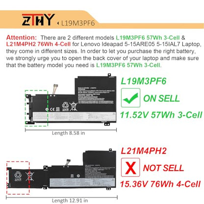 57Wh L19M3PF6 L19L3PF2 L19C3PF5 Laptop Battery Replacement for Lenovo Ideapad 5-15IIL05 5-15ARE05 5-15ITL05 5-15ARE05 5 15IAL7 5 15ABA7 Series 82SG L19M4PF1 L19L4PF1 L19C4PF1 L19D3PF3 L19C3PF4 11.52V - size: 8.66*5*0.28 inch L19M3PF6