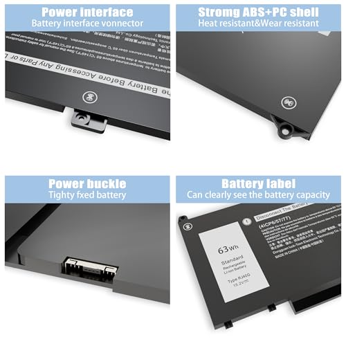 RJ40G 63Wh Laptop Battery Replacement for Dell Latitude 14 5420 Latitude 15 5520 Precision 15 3560 Series Laptop 01K2CF 075X16 WY9DX P137G P137G001 P104F P104F001 0WK3F1 0M3KCN 005R42 15.2V - size: 9.37*3.74*0.23inch RJ40G