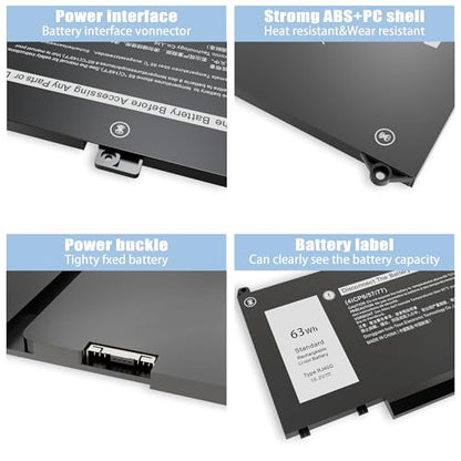 RJ40G 63Wh Laptop Battery Replacement for Dell Latitude 14 5420 Latitude 15 5520 Precision 15 3560 Series Laptop 01K2CF 075X16 WY9DX P137G P137G001 P104F P104F001 0WK3F1 0M3KCN 005R42 15.2V - size: 9.37*3.74*0.23inch RJ40G