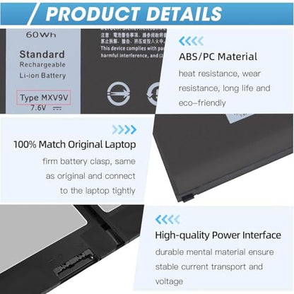 60Wh MXV9V Battery Replacement for Dell Latitude 7400 5300 5310 7300 | Latitude 5300/5310 2-in-1, Inspiron 7300/7306 2-in-1 Black Series P96G P97G P99G P100G 5VC2M 829MX 0829MX 7.6V - size: 9.3*4*0.25inch MXV9V