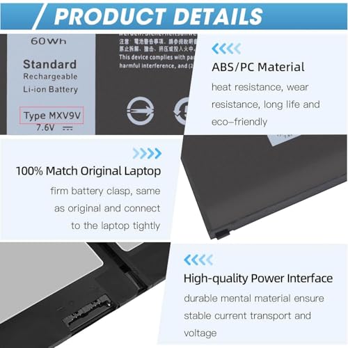 60Wh MXV9V Battery Replacement for Dell Latitude 7400 5300 5310 7300 | Latitude 5300/5310 2-in-1, Inspiron 7300/7306 2-in-1 Black Series P96G P97G P99G P100G 5VC2M 829MX 0829MX 7.6V - size: 9.3*4*0.25inch MXV9V