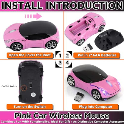 HuGuWdy Pink Wireless Car Mouse - 2.4G Wireless with USB Receiver, Optical Mouse for PC, Laptop, Tablet - Win XP/Vista/7/ME/2000/Mac OS Pink Mouse for Her for Christmas - color: Pink