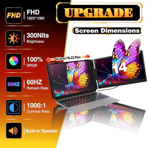 Laptop Screen Extender 0.27" Ultra-Thin, 14" FHD 1080P IPS Lightweight Dual Portable Monitor, USB-C/HDMI Plug & Play for 13-17" Laptops, Travel screen compatible with Windows/Mac/Chrome/Switch/Android - size: 14 inch Screen
