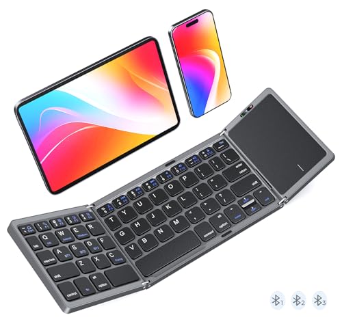MEETION Foldable Keyboard with Touchpad, Bluetooth Wireless Portable Keyboard, Rechargeable Ultra Slim Pocket Folding Keyboards, Full Size Keys, Travel for iOS Android Windows Laptop PC Tablet - color: Gray
