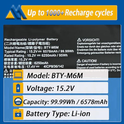 BTY-M6M 99.99Wh Laptop Battery Replacement for MSI GS66 Stealth 10SE 10SF 11UE 11UH GE66 Raider 10UG 11UG GE76 for Raider 11UE 11UG GE76 for Dragon Tiamat 11UH WS66 10TM 11UMT 11UKT for Creator 15 - size: 13.98*4.53*0.33 inch BTY-M6M