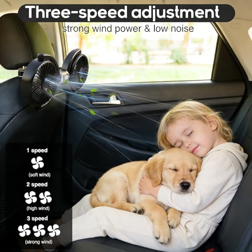 Car Fans for Backseat Kids, USB Dual Head Car Seat Fan for Baby with Strong Wind to Circulate Cool Air , 3 Speed Separate Control, 360° Adjustable Clip Rear Headrest Quiet Fan for SUV, Sedan & Truck - color: Grey