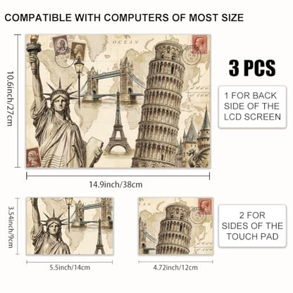 3Pcs World Landmarks Laptop Skin Sticker Statue of Liberty Universal Removable Vinyl Stickers Fits for 12.1 13 14 15.6 16 Inch Waterproof Notebook Decal Cover Gift - color: Light yellow and pencil gray