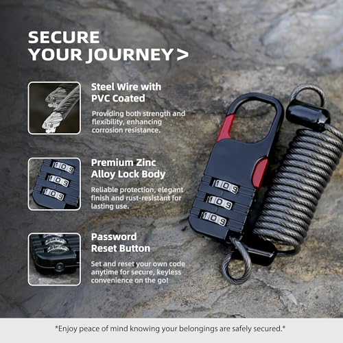 Small Combination Ski Lock with Retractable Cable (3ft/91cm Wire), Thin Cable Locks with Combination for Travel Luggage, Suitcases, Backpack, Snowboard, Bike, Motorcycle Helmet Anti Theft - color: Black+Black