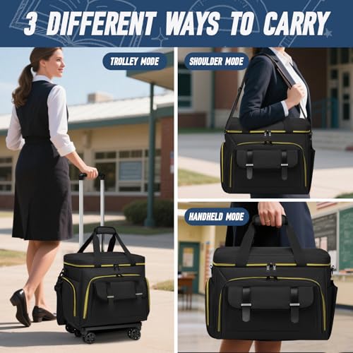 RUCYEN Rolling Teacher Tote Bag for Women Men,Large Laptop Bag With Detachable Wheels Trolley,15.6 Inch Laptop Wheeled Teacher Bag for Work Office Nursing(With a Tote Bag) - color: Golden Black+1 tote bag