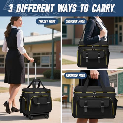 RUCYEN Rolling Teacher Tote Bag for Women Men,Large Laptop Bag With Detachable Wheels Trolley,15.6 Inch Laptop Wheeled Teacher Bag for Work Office Nursing(With a Tote Bag) - color: Golden Black+1 tote bag
