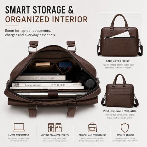 Men's Leather Laptop Bag 15 IN, Water-Resistant Briefcase Messenger Bag for Work, Business, Shoulder Crossbody Office Satchel - color: Brown
