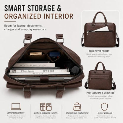 Men's Leather Laptop Bag 15 IN, Water-Resistant Briefcase Messenger Bag for Work, Business, Shoulder Crossbody Office Satchel - color: Brown