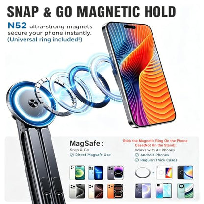 4-in-1 Foldable Laptop Stand with N52 Magnetic Phone Holder, Portable Aluminum Computer Stand for MacBook/ iPad/ Tablet, Adjustable Ergonomic Desk Stand for Home Office College Dorm & Travel Giftable